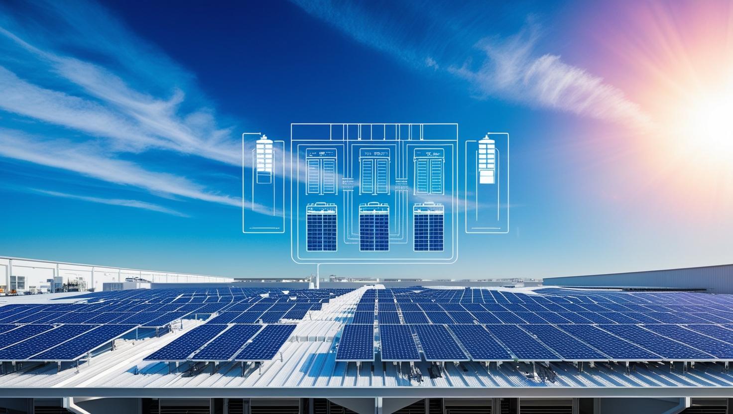 太陽光パネルが設置された明るい工場の屋根に、EMSと蓄電池を示すアイコンが光の線で結ばれているイメージ。